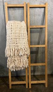 lot 88 image: Chunky Knit Throw Blanket - Cream Color & Fringe with 2 Wooden Ladders