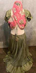 lot 119 image: Lehenga Choli Olive Green with Pink Dupatta - Embroidered Gold Floral Accents