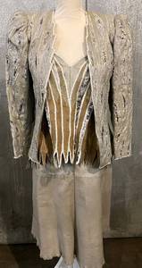 lot 120 image: Vintage Sara Fredericks Beaded Leather Jacket with Fringe, Top & Matching Skirt Set - Made in France