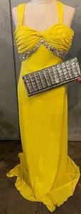 lot 121 image: Yellow Evening Gown with Crystal-Embellished Bodice & Silver Clutch - Size Small