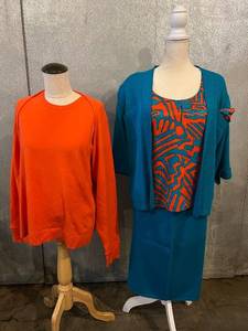 lot 123 image: St. John by Marie Gray Teal Suit with Abstract Top & Orange Knit Sweater - Made in USA - Size 8