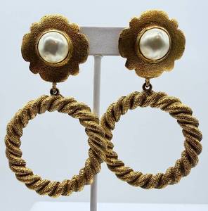 lot 191 image: Chanel Vintage Clip-On Earrings - Pearl Center Floral Motif & Rope Hoops