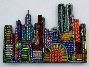 lot 196 image: Beaded Cityscape Brooch - Signed Artisan, Hand-Beaded Seed Bead Mosaic