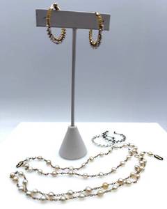 lot 203 image: Gold & Silver Hoop Earrings - 2 Pairs & Pearl Bead Necklaces (16in & 14.5in)