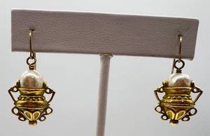 lot 232 image: Pearl Drop Earrings - Gold-Tone Filigree Vessel With Pearl