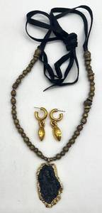 lot 234 image: Gold-Tone Druzy Pendant Necklace with Beaded Chain & Hoop Earrings