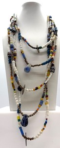 lot 216 image: Multistrand Beaded Necklace Set with White, Blue & Brown Beads & Brass Toggle Clasp