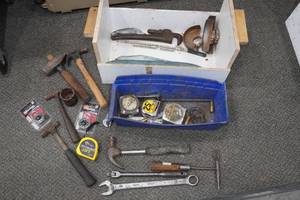 lot 79 image: Assorted Tools - Hammers, Breaker Bar, Tape Measures, Combination Locks