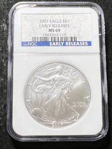lot 30 image: 2007 AMERICAN SILVER EAGLE NGC MS69