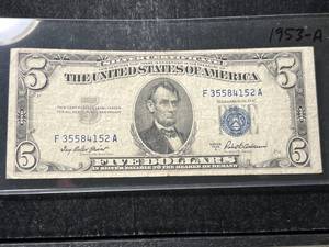 lot 80 image: 1953-A US BLUE SEAL $5 SILVER CERTIFICATE