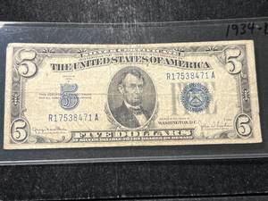 lot 81 image: 1934-D US BLUE SEAL $5 SILVER CERTIFICATE