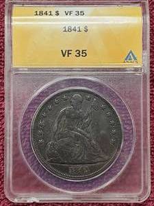 lot 5 image: 1841 Liberty Seated Dollar ANACS VF35 with Deep, Even Toning--Beautiful Coin