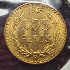 lot 23 image: 1945 2 Pesos Mexican Gold Coin--.0482 toz AGW
