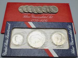 lot 55 image: 1776-1976 40% Silver Dollar, Half & Quarter, PLUS 8 1776-1976 Clad Quarters