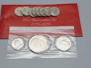 lot 56 image: 1776-1976 40% Silver Dollar, Half & Quarter, PLUS 8 1776-1976 Clad Quarters