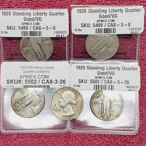 lot 69 image: 4 Standing Liberty & 1 Washington Quarters--90% Silver