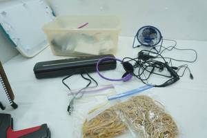 lot 31 image: Sterilite Storage Container & Contents food saver, mini fan, rubber bands, and more