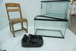 lot 36 image: AntiqueVintage Childs School Chair, 2 Fish Tanks, 1 Car Console Organizer