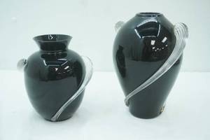 lot 43 image: Black Amethyst Glass Vases with Clear Swirl 9.5tall & 7 tall. Twos Company