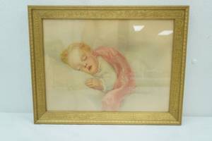 lot 53 image: Vintage Framed Art Print Sleeping Baby 18x14
