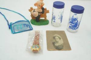 lot 106 image: Vintage Country Crystal Sailboat Salt & Pepper Shakers Hogs & Kisses Figurine Vintage Lorus Disney Watch Cowboy Mickey Mouse