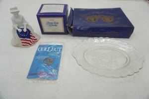lot 107 image: Vintage 1976 Avon USA Bicentennial Celebration Plate Vintage Avon Betsy Ross Figurine Topaze Cologne Hallmark Collectors Pin