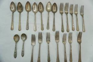 lot 112 image: IS CO Douglas Lodge Silver Plate Flatware 2 Branford Silverplate Mickey Mouse Spoons