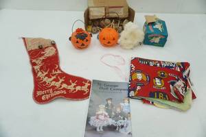 lot 121 image: AntiqueVintage Tinker Toy Set, Christmas Stocking, LBJ fabric, Vintage Hopping Rabbit toy, jack-o-lanterns