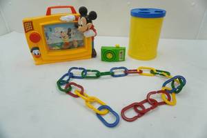 lot 240 image: Vintage Disney Mickey Mouse Scrolling Musical Television Toy, Fisher-Price Blocks and other Vintage Toys