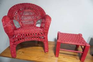 lot 280 image: Vintage Childs Red Wicker Chair and Footstool