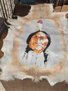 Handpainted Native American Indian Chief on a Deer Skin Hide with Acrylics (Believed to be Sitting Bull) 30 x 48