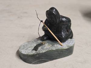 Inuit Fisherman theme Handcarved Genuine Jade Sculpture