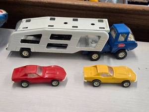 Vintage 1970s Tonka Pressed Steel Toy Car Carrier with Yellow and Red Corvette Cars