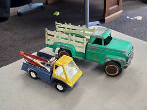 Lot of (2) Vintage Toy Trucks - Hubley Diecast Toy Tow Truck  Wrecker 1960s, Hubley Mighty Metal Stake Bed Farm Truck Model #900 1960s