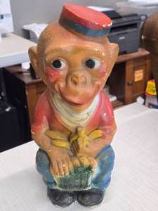 Vintage Organ Grinder Monkey Bank theme Carnival Chalkware Statue by Duquesne Statuary (1950s)