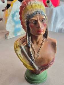 Vintage 1930s American Indian Wearing Feathered Headress theme Carnival Chalkware Bust