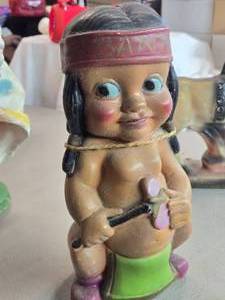 Vintage Native American Boy theme Carnival Chalkware Coin Bank by Duquesne Statuary