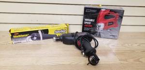 lot 42 image: Workforce Suction gun, 38 in drill, Variable speed jigsaw