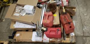 lot 56 image: Pallet of gas cans, window blind, tripod, exterior light, mower blades, toilet seat, tractor lights and more