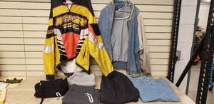 lot 58 image: 3 pairs of sweat pants large, fxr jacket, jean jacket, wind pants, insulated jeans