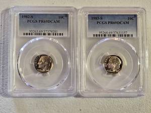 lot 8 image: PCGS Graded 1982-S and 1983-S Roosevelt Dimes PR69DCAM