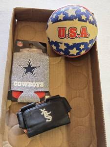 lot 34 image: USA Mini Basketball, Dallas Cowboys Can Cooler, and Leather Belt Pouch