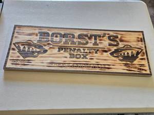 lot 35 image: Borsts Penalty Box Wooden Sign - 29x11, Minnesota Wild Logo, Ice Cold Beer, The Puck Stops Here, and Non-Stop Action.