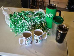 lot 44C image: North Dakota State University Pom Poms, Coffee Mugs, Insulated Water Bottle