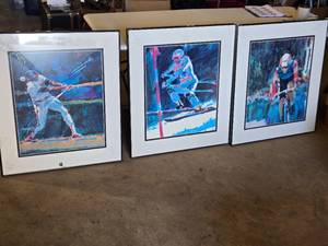 lot 44J image: Set of Three Framed Sports Prints Baseball, Skiing, and Cycling Art - Each 29 12 x 33 12