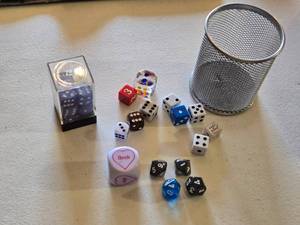 lot 52 image: Collection of Various Dice and Accessories including Mesh Pen Holder and Dice Container