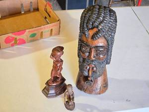 lot 56 image: Hand-Carved African Wooden Sculptures Including Large Bust and Figurines
