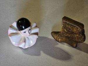 Porcelain Pierrot Music Box and Brass Shoe Figurine