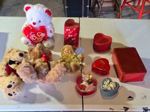 lot 95 image: Valentines Day Themed Plush Toys and Decorative Items Lot including Anne Geddes Doll, Teddy Bears, Heart-Shaped Tins, and Candle