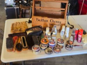 lot 101 image: Brother Cherry Shoe Shine Kit with Red Wing Care Kit and Kiwi Polishes - tons of polishes, brushes and more
